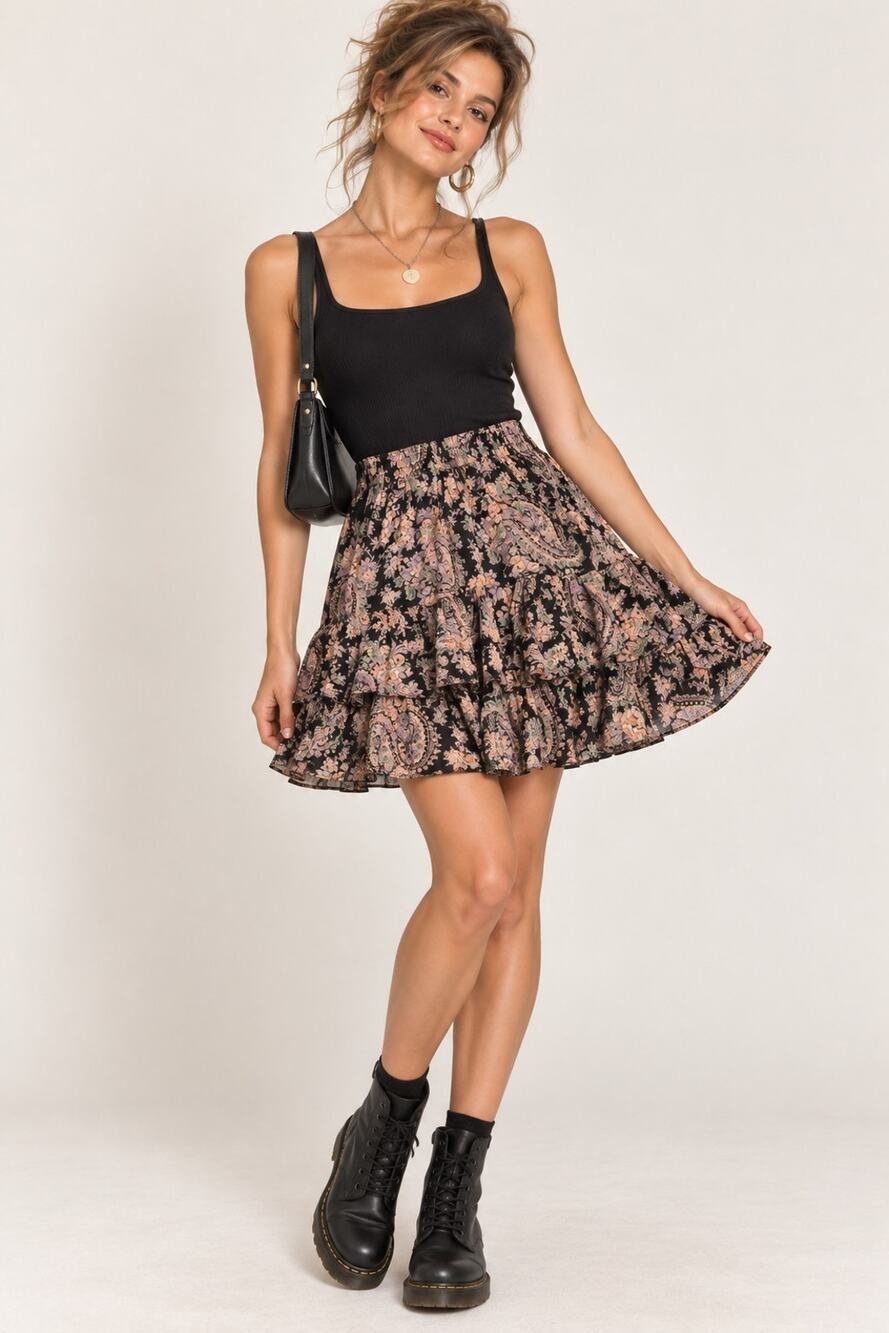 Vintage 90s Carole Little Skirt Size 10 Floral Paisley Tiered Ruffle Boho Mini
